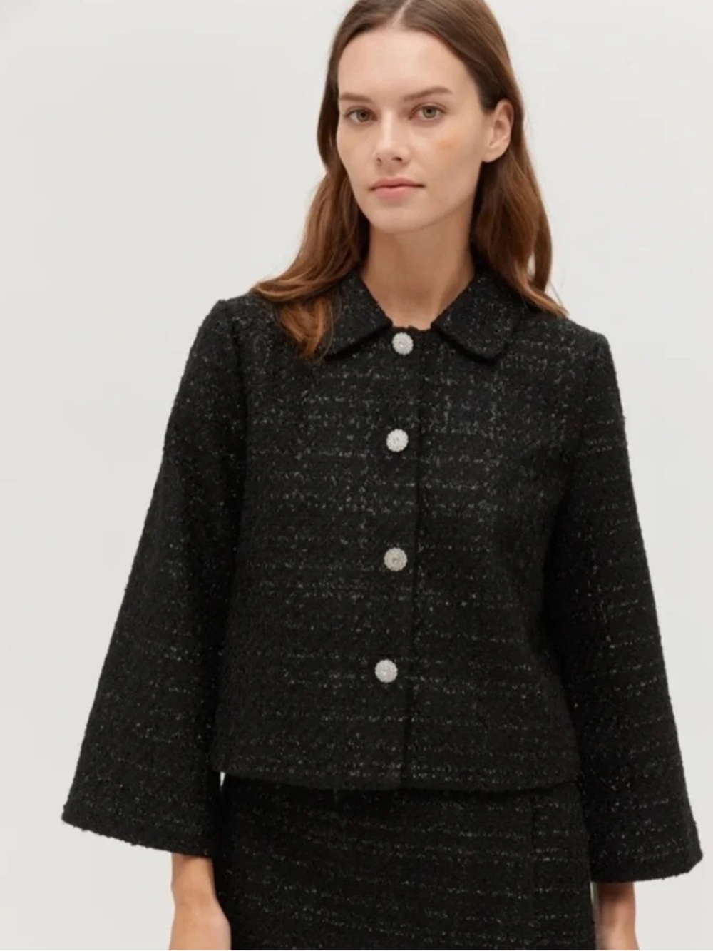 Hill House Black Tweed Cropped Blazer with Pearl Buttons